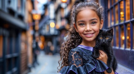 Fototapeta premium Girl with cat. Latin child with black kitten. Kid in Halloween costume. Fun trick treat fall background. Autumn banner with pet love. Sweet african witch girl holding little cat. Outdoor fall street