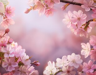 Obraz premium Beautiful pink cherry blossoms framing a soft pastel background. Perfect for spring-themed designs, greeting cards, and nature-related projects.