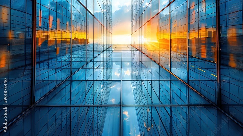 Poster a towering structure adorned with numerous windows bathed in the fading light of the sunset behind