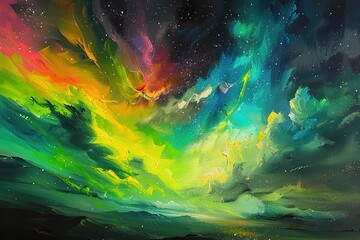 Fototapeta premium A painting of a colorful sky with a greenish blue cloud