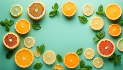 Citrus slices and mint herbs frame on retro mint pastel background with copyspace from above Top view of lemon and orange refreshment Summer fruit smoothie minimal banner design