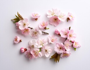 Cherry blossom Creative composition with sakura spring flowers isolated on white background Springtime arrangement Holiday concept Flat lay top view floral design