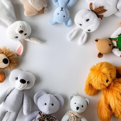Creative concept children toy composition Many stuffed animals toys isolated mock up view copy space top flat lay