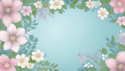 Elegant floral background with pastel flowers and leaves on a soft blue backdrop, ideal for invitations and greeting cards.