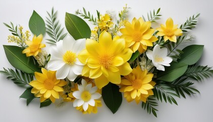 Elegant floral arrangement featuring yellow and white blossoms with green foliage. Beautiful, vibrant design perfect for spring and summer decor.