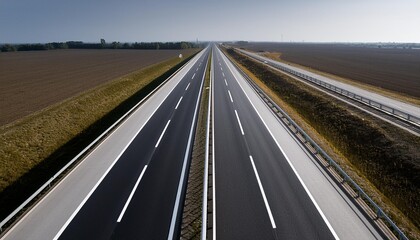 Fototapeta premium Empty highway black asphalt road and white dividing lines Top view