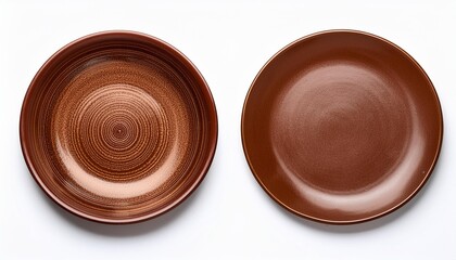 Empty brown ceramic plate isolated on white background top view