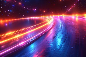 A colorful, neon-lit road with a bright orange line