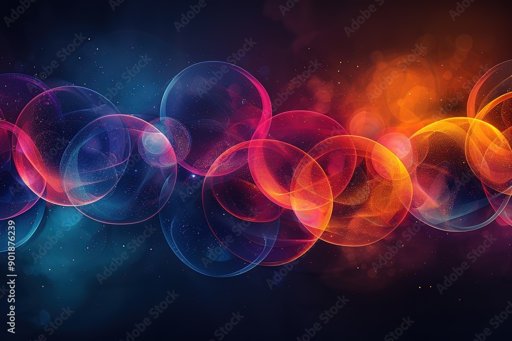 Poster a series of colorful spheres are arranged in a line