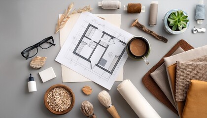 Flat lay of creative architect moodboard composition with samples of building textile and natural materials and personal accessories Top view grey background template