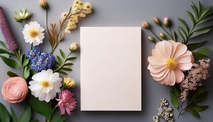 Flat lay top view photo Mockup on a grey background with gentle flowers and plants Cute feminine mockup Blog header image Blank space