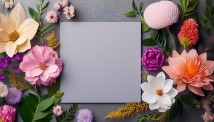Flat lay top view photo Mockup on a grey background with gentle flowers and plants Cute feminine mockup Blog header image Blank space