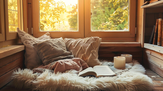 Cozy autumnal window seat with book and candles evokes warmth and relaxation. 
