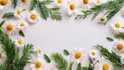 Fototapeta premium floral frame with chamomile flower and green branches Flat lay top view