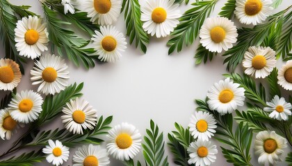 Fototapeta premium floral frame with chamomile flower and green branches Flat lay top view