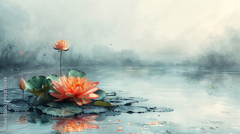 Poster water lilies float on a pond with a hazy backdrop