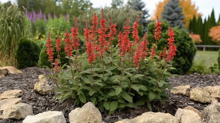 Salvia plant in garden bed with red flowers
