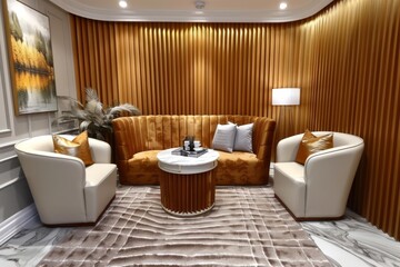 Cozy lounge area with plush seating wooden accents and soft lighting creating a warm and inviting atmosphere