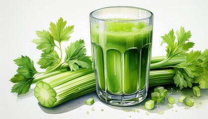 Fresh green celery and glass with celery juice isolated on white background Creative layout Healthy eating and dieting food concept Design element Top view flat lay