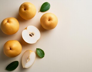 Fresh chinese pear or nashi fruit creative layout Healthy eating and food concept Fruits composition Flat lay top view Design element card with copy space