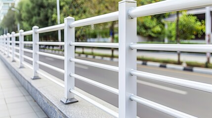 A white wooden fence lines a tree-shaded walkway, creating a serene atmosphere on a sunny day, inviting leisurely strolls and peaceful moments.