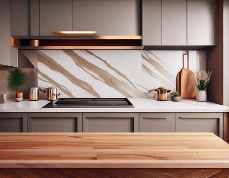 Front view of elegant interior with gray drawers under kitchen cabinet empty wooden table and marble countertop in room modern equipment for cooking well organized space for storage fo