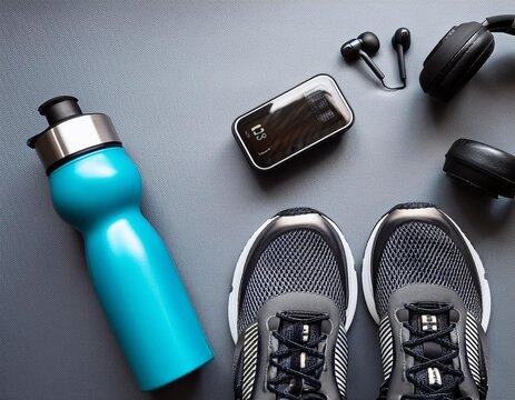 Healthy lifestyle and fitness in sports morning jogging Sneakers smart fitness tracker wireless headphones and a water bottle on a gray background Top view and flat lay