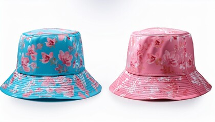 Pink and blue floral pattern bucket hat isolated on white background