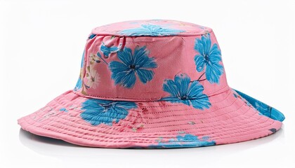Pink and blue floral pattern bucket hat isolated on white background