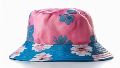 Pink and blue floral pattern bucket hat isolated on white background