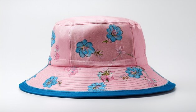 Pink and blue floral pattern bucket hat isolated on white background - Powered by Adobe