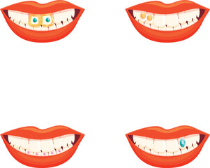 Tooth jewelry icons set cartoon vector. Human tooth decorated with gem. Aesthetic dentistry