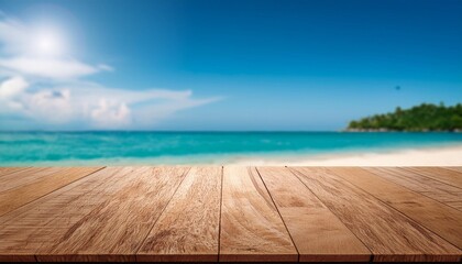 Table top view with blurred seascape summer beach background Flawless