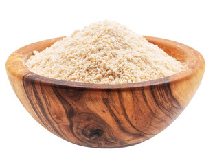 Cassava flour or manioc flour in wooden bowl on white background. File contains clipping path.