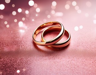 Two gold rings on pink Festive wedding background Copy space