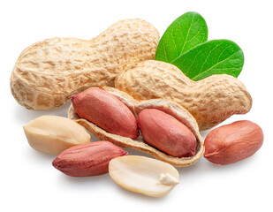 Peanut or groundnut whole and cracked isolated on white background.