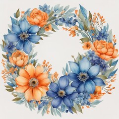 Watercolor floral wreath with blue and orange flowers.