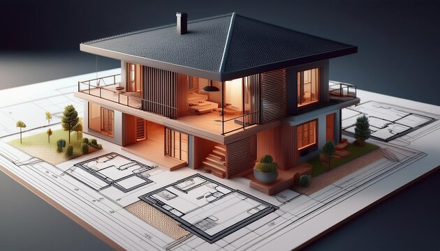 Volumetric project of house Layout of a house with an open roof Miniature layout of a cottage top view Building model as a symbol of architectural business Design in architectural bure