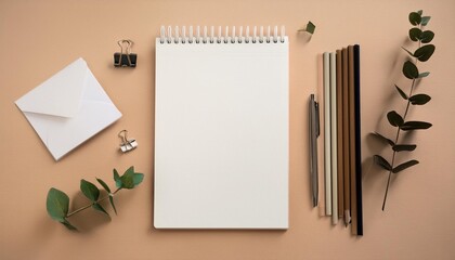 workbook and stationary mockups. background cream. top view