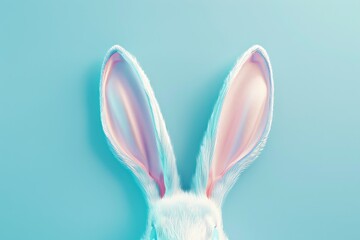 Obraz premium White rabbit ear on pastel blue background. Easter day. 3d rendering, camera panning around the rabbit ear