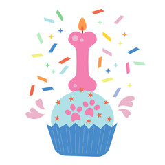 Cupcake, fairy cake, bun, small cake with bone candle. Dogust 1st: Universal Birthday for Shelter Dogs. Birthday party background. Birthday party. Party decoration