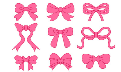 Set with bow ribbon. Set, collection of cute bows for girls. Cute coquette bow collection vector, romantic ribbon bow