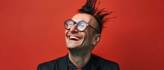 Fototapeta premium adult man with glasses and mohawk style punk hair laughing looking up