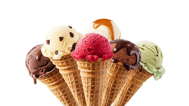 Ice cream scoop on waffle cone on transparent background easy cutout, PNG AI. Many assorted different flavor Mockup templates for artwork design.
 - Powered by Adobe