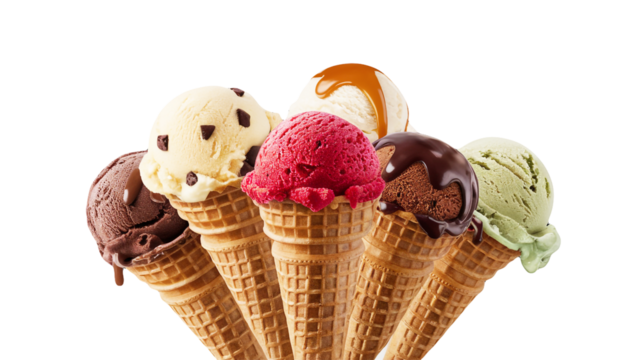 Ice cream scoop on waffle cone on transparent background easy cutout, PNG AI. Many assorted different flavor Mockup templates for artwork design.
