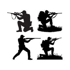 Set of men silhouettes hunting and enjoying the outdoor activity 