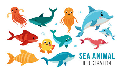 Sea animals illustration collection set