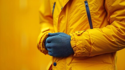 Construction worker is keeping his hands warm while wearing a winter coat and gloves on a job site