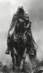 Naklejka premium hooded warrior on horseback. Realistic. Riding into battle. Roman greek aesthetic.generative ai