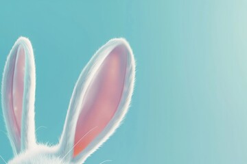 White rabbit ear on pastel blue background. Easter day. 3d rendering, camera zoomed in on the rabbit ear